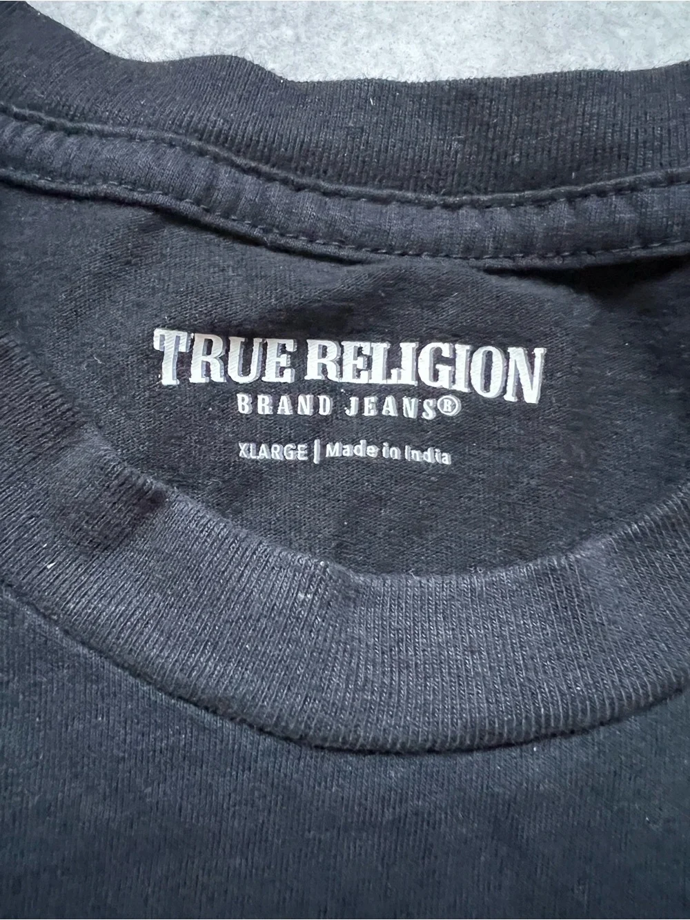 True Religion Mens XL Black Graphic T-Shirt Camo Horseshoe Guitar Logo Cotton